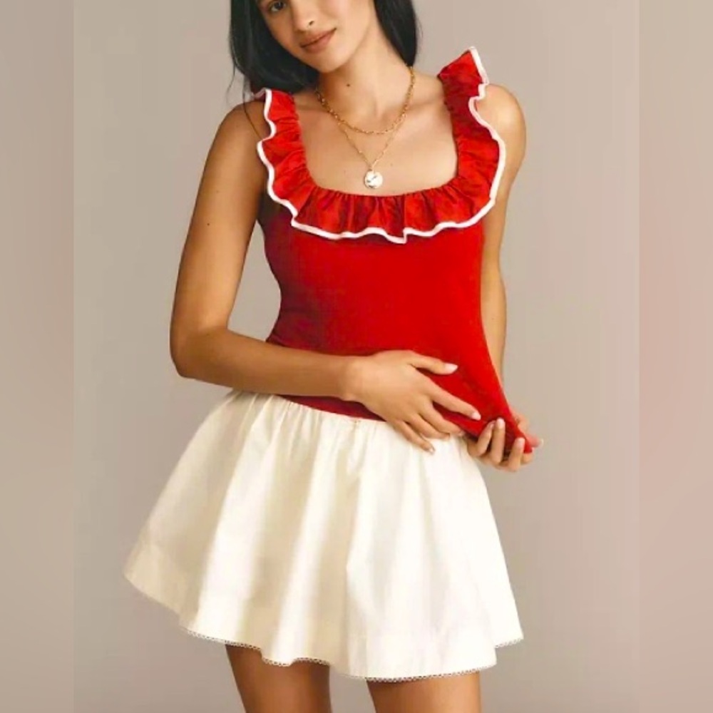 Anthropologie Sunday In Brooklyn Red Ruffle Trim Cropped Tank Top XL